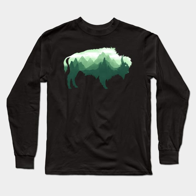 Dramabite Bison Buffalo Double Exposure Surreal Wildlife Native Animal Long Sleeve T-Shirt by dramabite